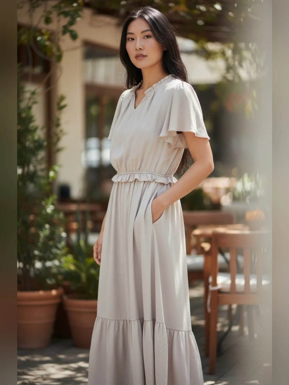 Tea n Rose Creamy, Silky Light Maxi Dress with Flowy Sleeves- Boho Chic, Country - Picture 2 of 16